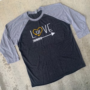 Down Syndrome Awareness Raglan Tee – T21 Arrow Heart Design