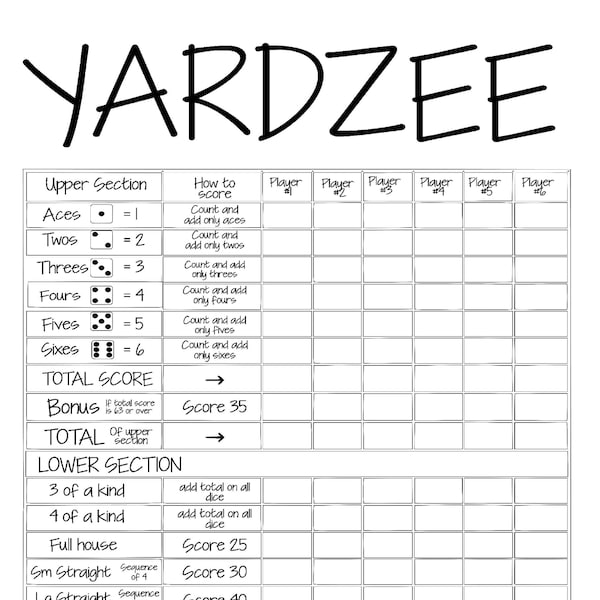 Printable 18x24 YARDZEE multiplayer Score Card printable DIY Yardzee scorecard-  Digital file