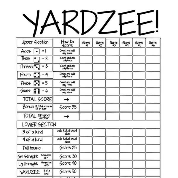 Printable YARDZEE Score Card fichier téléchargement instantané Diy, DIY Yardzee scorecard- Fichier numérique