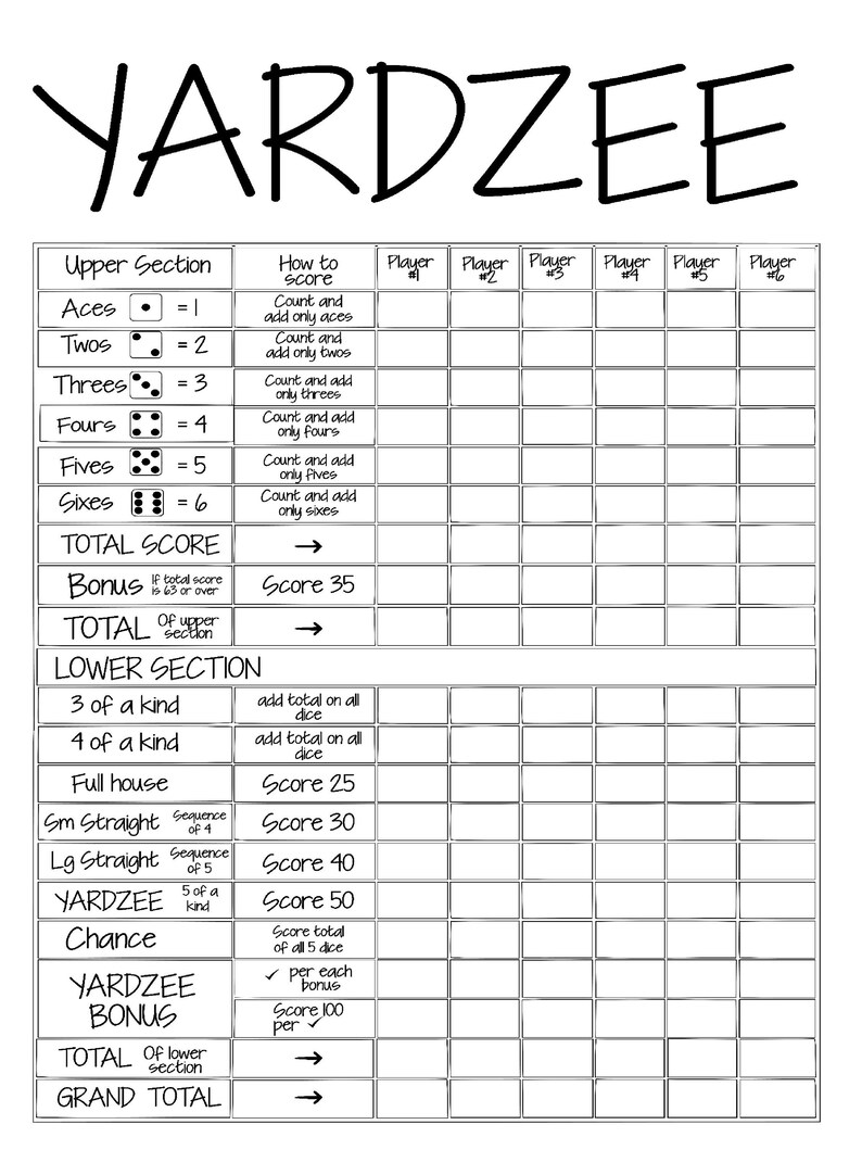 printable 18x24 yardzee multiplayer score card printable diy etsy
