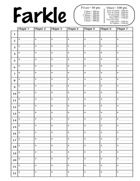 Farkle Score Card Printable File DIY Farkle Scorecard Etsy