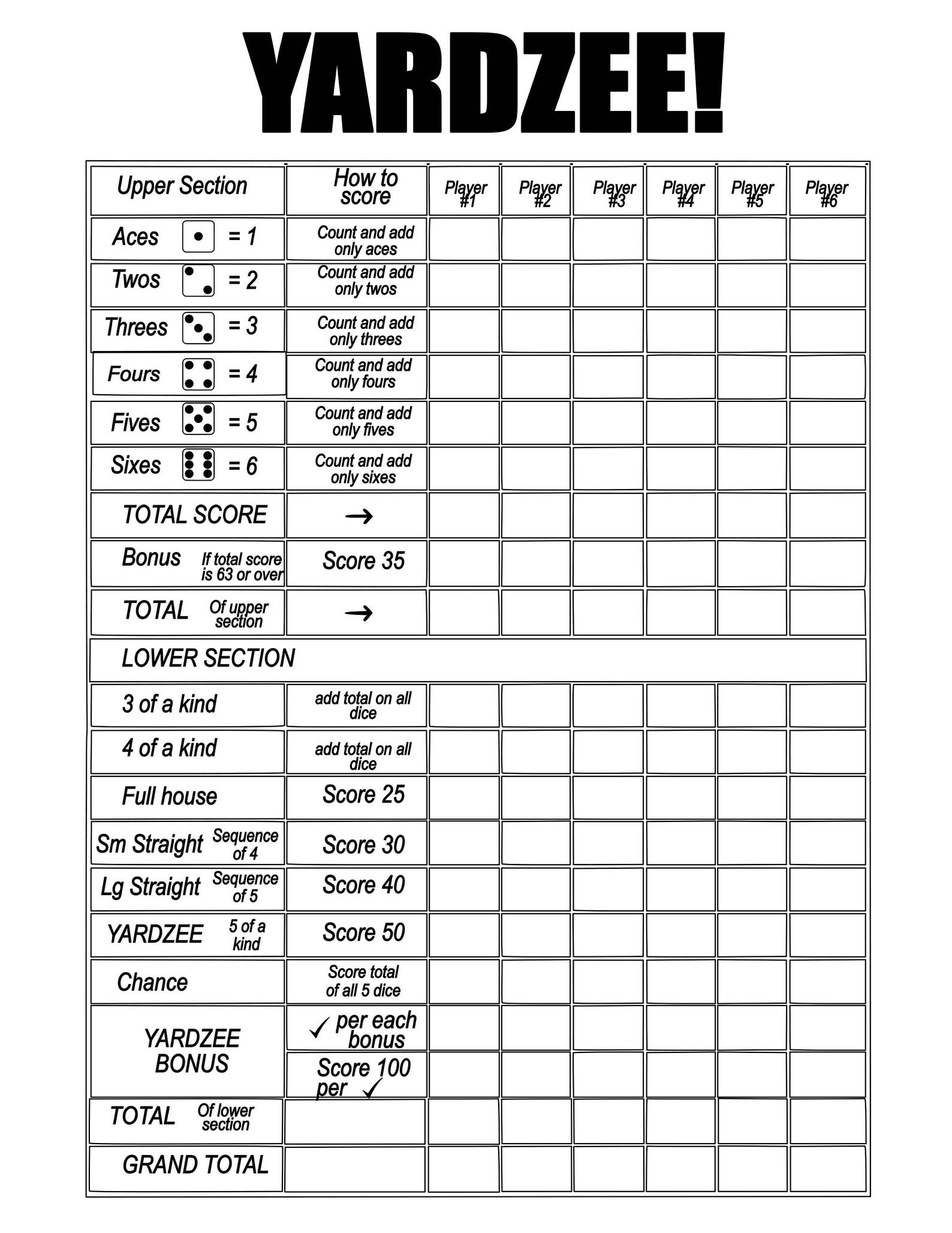 yardzee multi player score card file instant download digital etsy