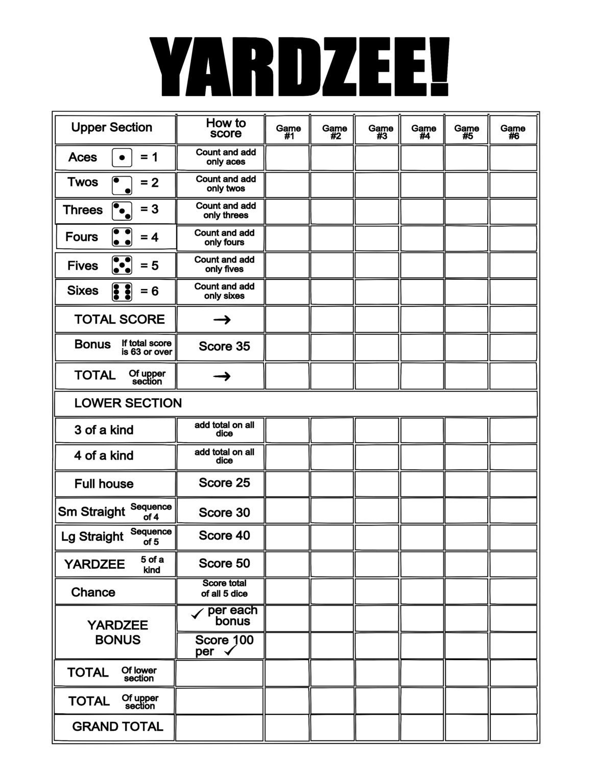 Printable YARDZEE Score file-DIY Yardzee scorecard-  Digital file