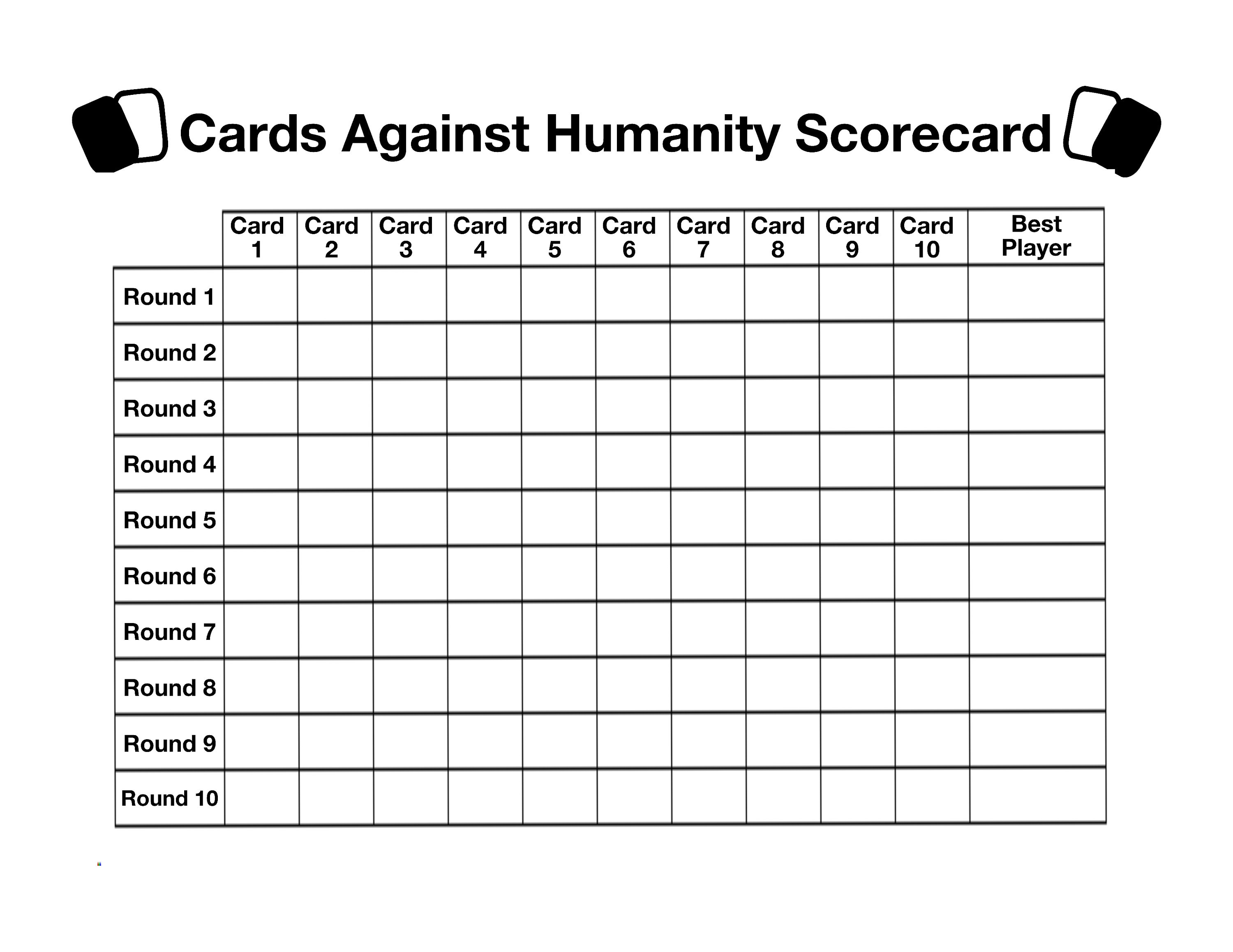 Cards Against Humanity Scorecard, Printable 4 per Sheet Digital