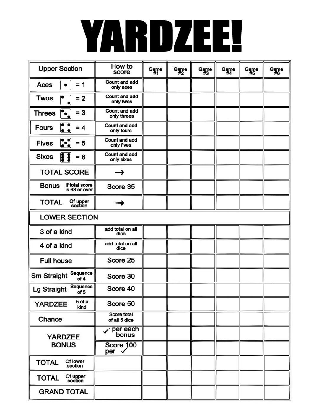 Free Yardzee Printable Scorecard