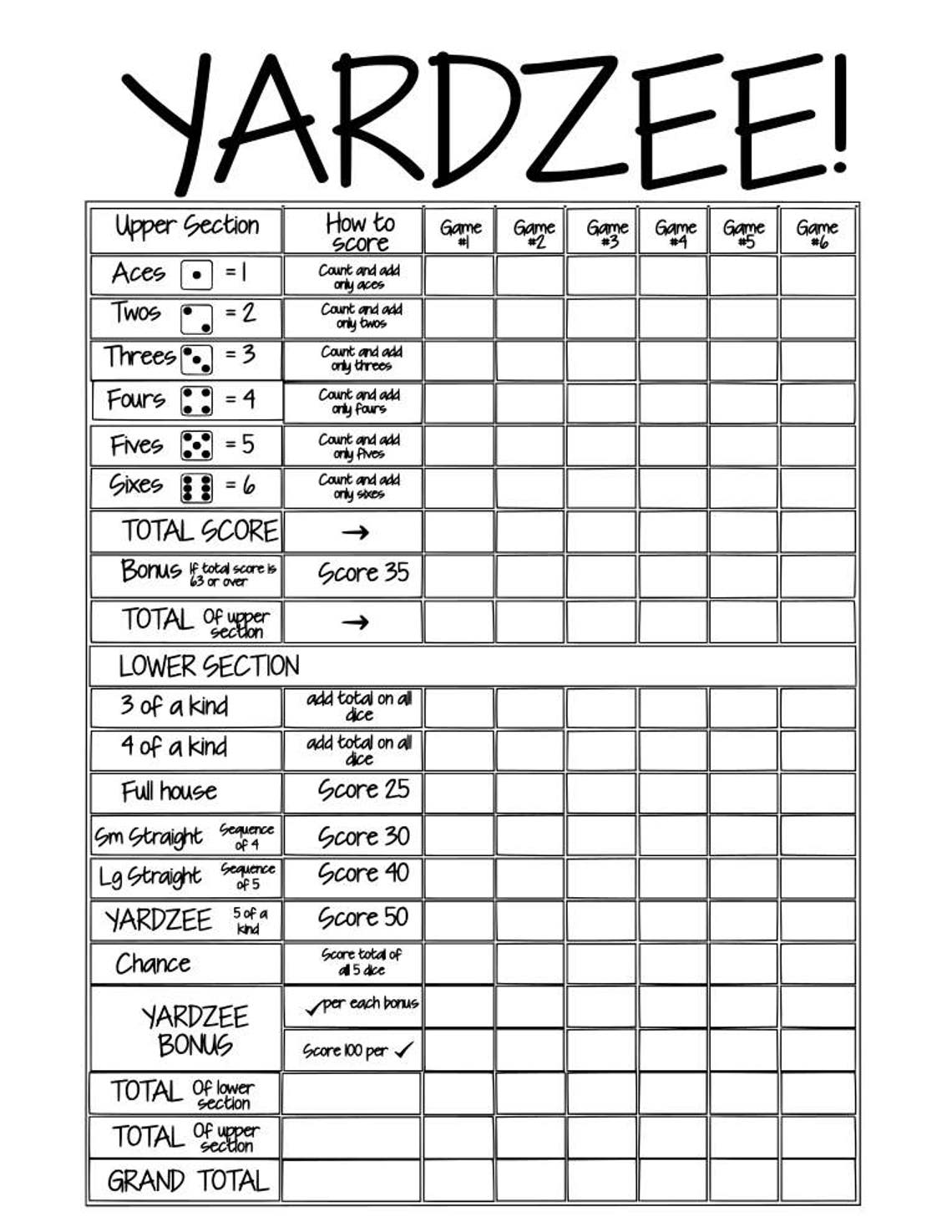 Printable YARDZEE Score Card File Instant Download Diy DIY Etsy Canada