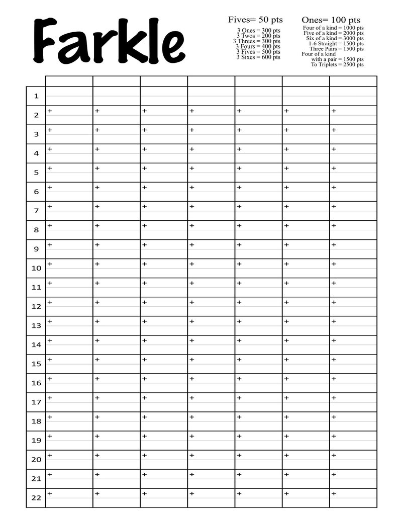 Farkle score card printable file with blank spaces to add your etsy