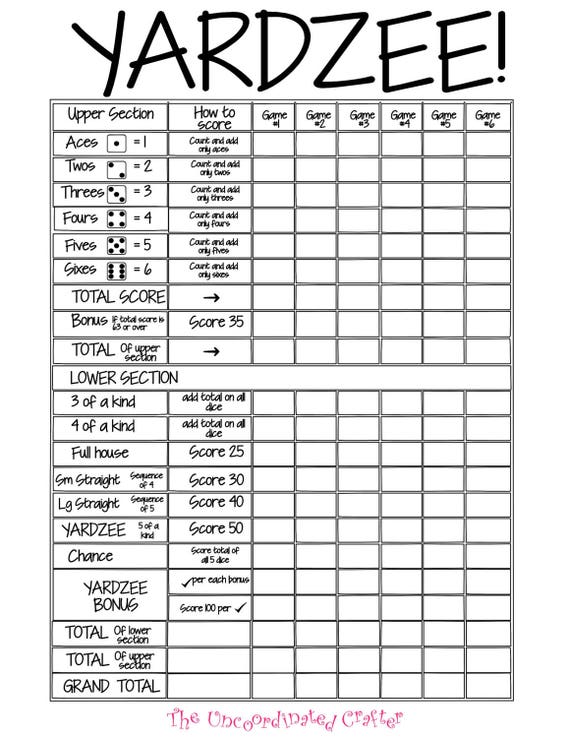 Download Printable 11x14 Yardzee Score Card File With Uncoordinated Etsy