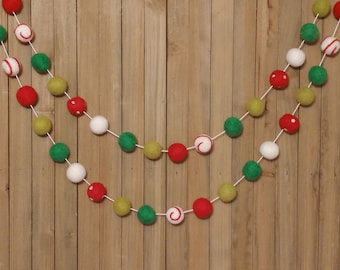 Jolly Christmas Felt Ball Garland, Tree Decoration, Holiday Mantel Decor, Swirls and Dots Red, White, Citrus, and Green Wool Pom Poms