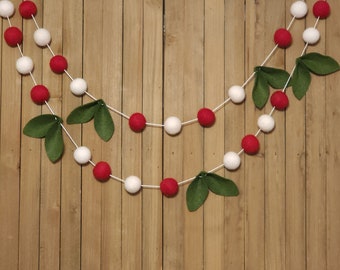 Berry Felt Leaf Christmas Garland, Winter Wedding Decor, Holiday Mantel Decoration, Red and White Wool Felt Balls with Green Leaves