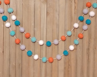 Coral Aqua and Gray Felt Ball Garland, Girl Nursery Decor, Baby Shower Decorations, Little Girls Room
