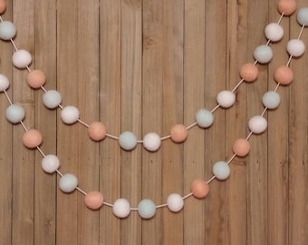 Mint White and Peach Felt Ball Garland, Girl Nursery Decor, Baby Shower Decorations, Little Girls Room