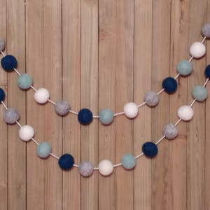 Navy Blue Mint White and Gray Felt Ball Garland, Boy Nursery Decor, Baby Shower Decorations, Little Boys Room