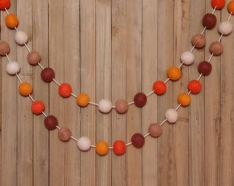 Thanksgiving Felt Ball Garland, Autumn Decor, Fall Mantel Decoration, Orange, Beige and Brown Wool Pom Poms