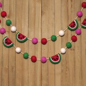 Watermelon Felt Ball Garland, Little Girls One in a Melon 1st First Birthday Party Decor, Summer Pool Party Decoration