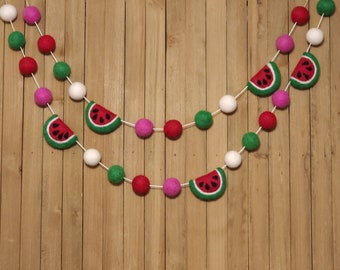 Watermelon Felt Ball Garland, Little Girls One in a Melon 1st First Birthday Party Decor, Summer Pool Party Decoration