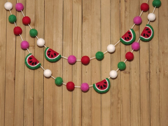 Watermelon Felt Ball Garland, Little Girls One in a Melon 1st First Birthday Party Decor, Summer Pool Party Decoration