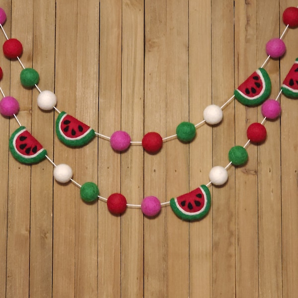Watermelon Felt Ball Garland, Little Girls One in a Melon 1st First Birthday Party Decor, Summer Pool Party Decoration