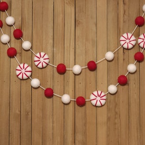 Peppermint Felt Ball Garland, Red and White Christmas Tree Decoration, Holiday Mantel Decor, Wool Pom Poms