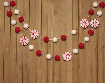 Peppermint Felt Ball Garland, Red and White Christmas Tree Decoration, Holiday Mantel Decor, Wool Pom Poms