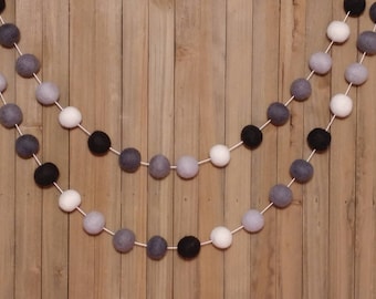 Black and White Felt Ball Garland, Monochrome Nursery Decor, Baby Shower Decorations