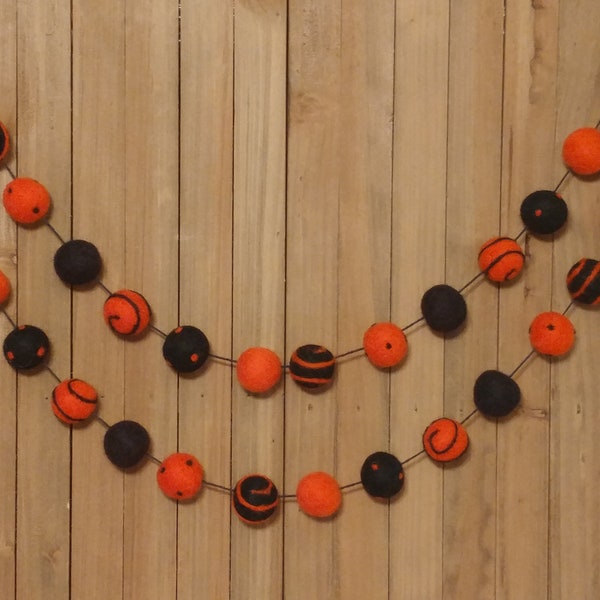 Swirls and Dots Dark Orange and Black Felt Ball Garland, Halloween Decor