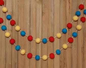 Red Yellow and Turquoise Felt Ball Garland, Boys Room Decor, Carnival Birthday Party Decorations