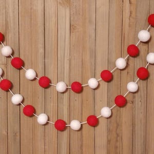 Traditional Red and White Felt Ball Garland, Christmas Tree Decoration, Holiday Mantel Decor