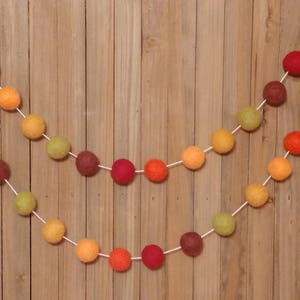 Autumn Leaves Felt Ball Garland, Fall Decor, Thanksgiving Mantel Decoration, Burgundy, Orange, Mustard, Citrus and Brown Wool Pom Poms