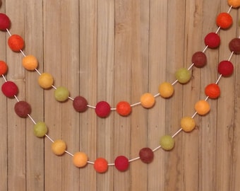 Autumn Leaves Felt Ball Garland, Fall Decor, Thanksgiving Mantel Decoration, Burgundy, Orange, Mustard, Citrus and Brown Wool Pom Poms