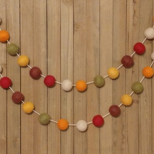 Autumn Felt Ball Garland, Thanksgiving Decor, Fall Mantel Decoration, Burgundy, Cream, Orange, Olive Green, Mustard and Brown Wool Pom Poms