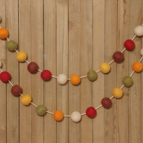 Autumn Felt Ball Garland, Thanksgiving Decor, Fall Mantel Decoration, Burgundy, Cream, Orange, Olive Green, Mustard and Brown Wool Pom Poms