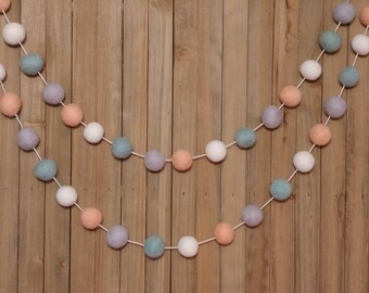 Mint Peach and Gray Felt Ball Garland, Girl Nursery Decor, Baby Shower Decorations, Little Girls Room
