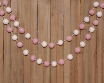 Light Pink and White Felt Ball Garland, Girl Nursery Decor, Baby Shower Decorations, Little Girls Room