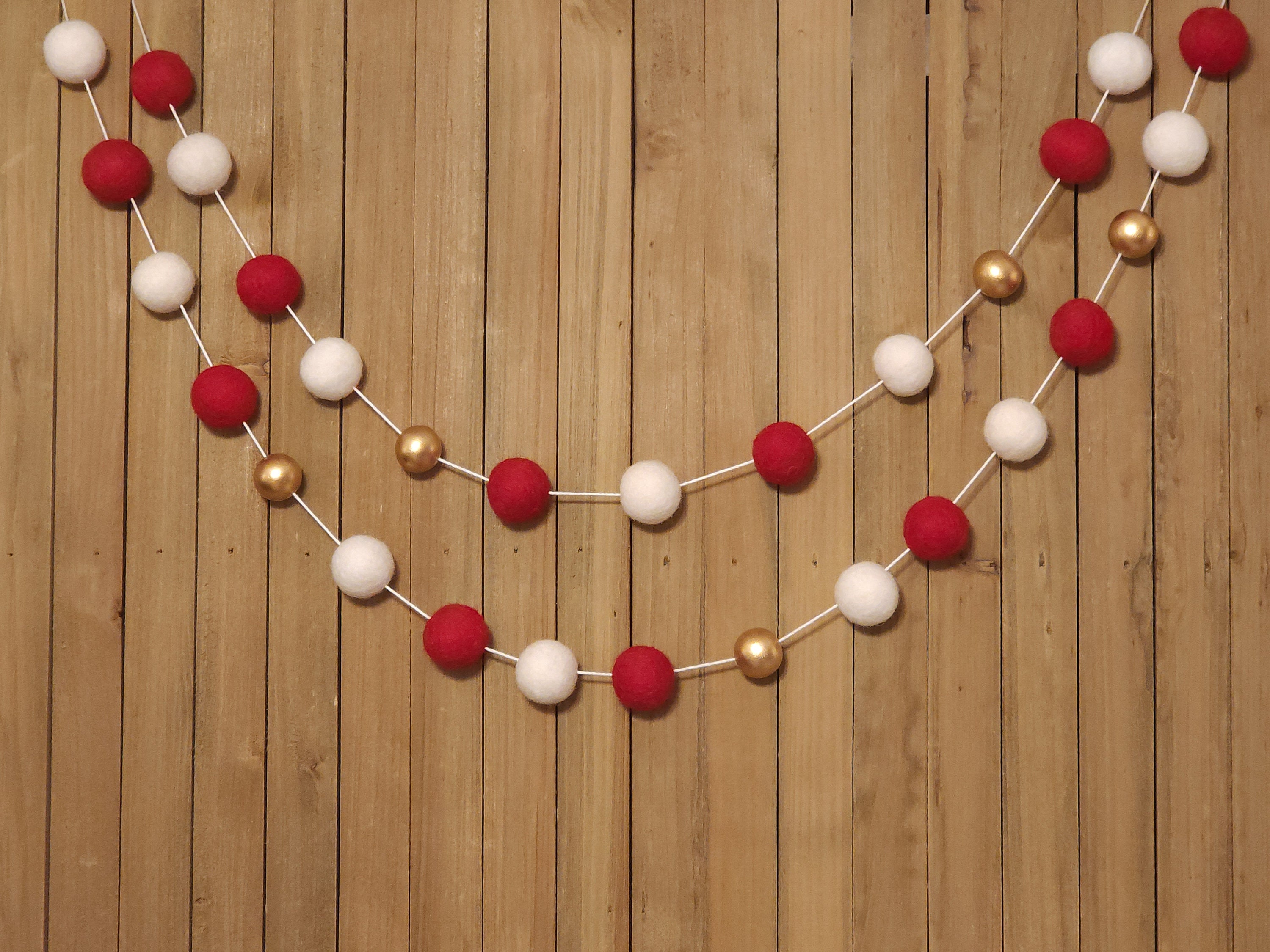 Red White and Gold Felt Ball Garland, Traditional Christmas Tree…