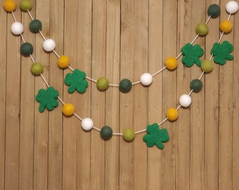 Lucky St. Patrick's Day Felt Ball Garland, Shades of Green, Mustard Yellow and White Wool Pom Poms, Holiday Party Mantel Decoration