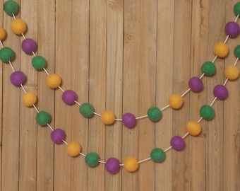 Mardi Gras Felt Ball Garland, Purple, Green, and Mustard Yellow Wool Pom Poms, Holiday Party Mantel Decor
