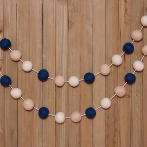 Navy Blue and Cream Felt Ball Garland, Boy Nursery Decor, Baby Shower Decorations, Little Boys Room