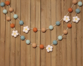 Boho Daisy Felt Ball Garland, Girl Nursery Decor, Baby Shower Decorations, Little Girls Room, Coral, Peach, and Mint Poms and Spring Flowers