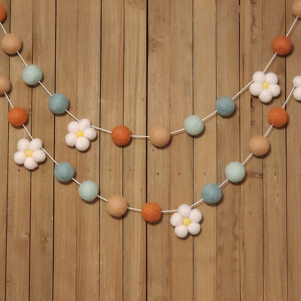 Boho Daisy Felt Ball Garland, Girl Nursery Decor, Baby Shower Decorations, Little Girls Room, Coral, Peach, and Mint Poms and Spring Flowers