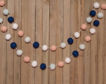 Navy Blue Mint and Peach Felt Ball Garland, Girl Nursery Decor, Baby Shower Decorations, Little Girls Room