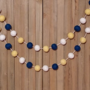 Navy White and Yellow Felt Ball Garland, Nursery Decor, Baby Shower Decorations, Graduation Party, School Team Colors, College Dorm Room