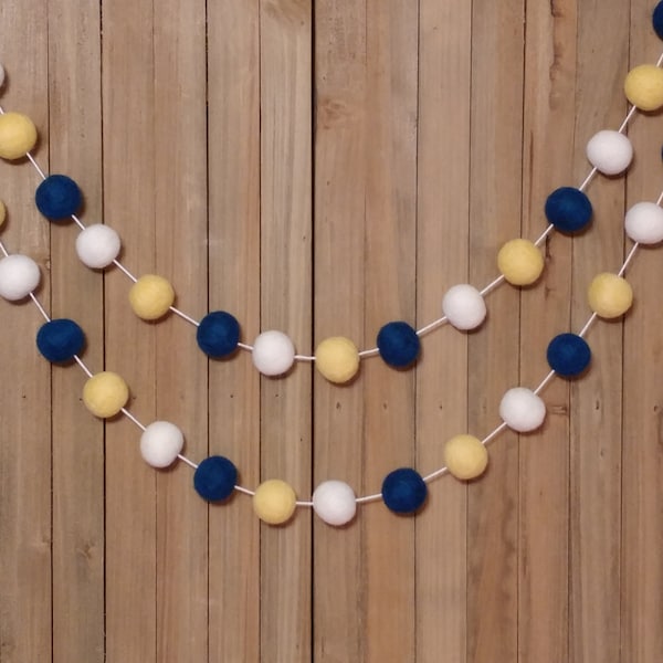 Navy White and Yellow Felt Ball Garland, Nursery Decor, Baby Shower Decorations, Graduation Party, School Team Colors, College Dorm Room