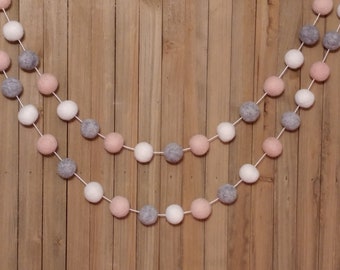 Blush White and Gray Felt Ball Garland, Girl Nursery Decor, Baby Shower Decorations, Little Girls Room