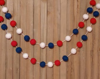 Fourth of July Felt Ball Garland, Red, White, and Navy Blue, USA Memorial Day Decorations