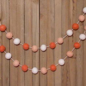 Bright Coral Peach and White Felt Ball Garland, Girls Room Wall Decoration