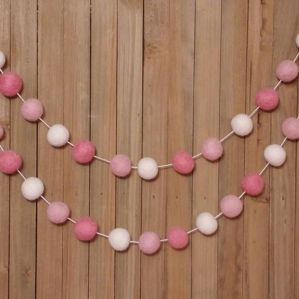 Ombre Pink and White Felt Ball Garland, Girl Nursery Decor, Baby Shower Decorations, Birthday Party, Little Girls Room