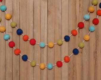 Dinosaur Felt Ball Garland, Red, Orange, Aqua, Green, and Navy Blue, Boys Room Decor, Birthday Party Decorations