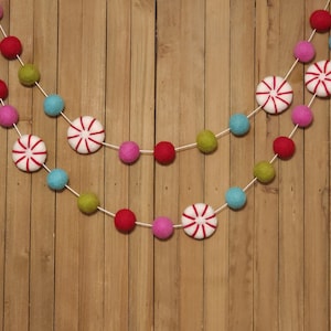 Bright Peppermint Felt Ball Garland, Christmas Tree Decoration, Holiday Mantel Decor, Red, Pink Aqua and Green Wool Pom Poms
