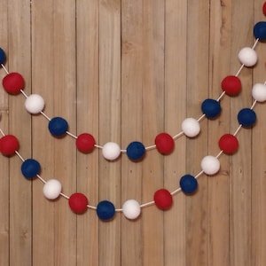Fourth of July Felt Ball Garland, Navy Blue, Maroon, and White, Memorial Day Decorations
